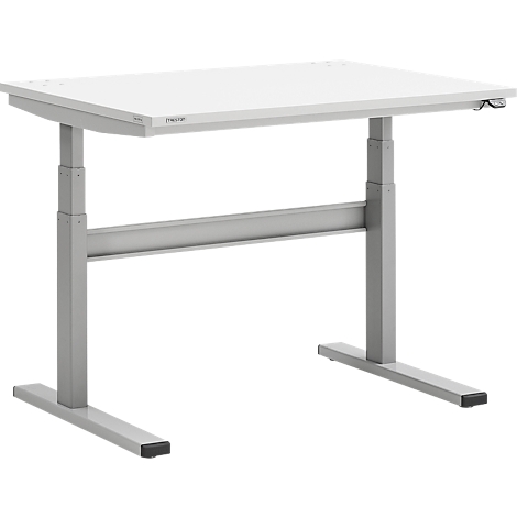 Bureau blanc réglable en hauteur, pieds et cadre gris-argent.