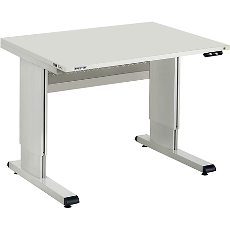A height-adjustable white desk. It has a rectangular table frame and two height-adjustable legs.