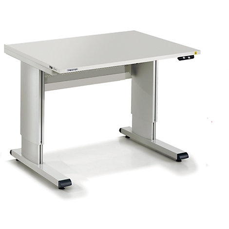 A white, height-adjustable desk against a white background. The inscription "THINKVISION" can be seen on the table.