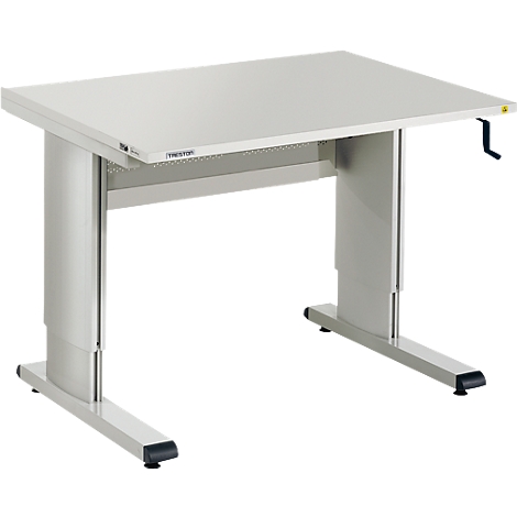 Light gray height-adjustable desk. Tabletop with crank. Black elements, lettering "Trestop".