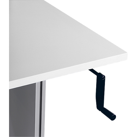 Close-up of a white table top with a black crank.