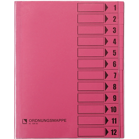 Un classeur rose avec 12 onglets et étiquettes. Texte imprimé : 'Ordnermappe'.