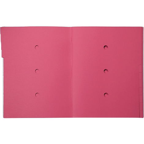 Dossier de documents rose ouvert avec perforations. Un petit registre est visible à droite.