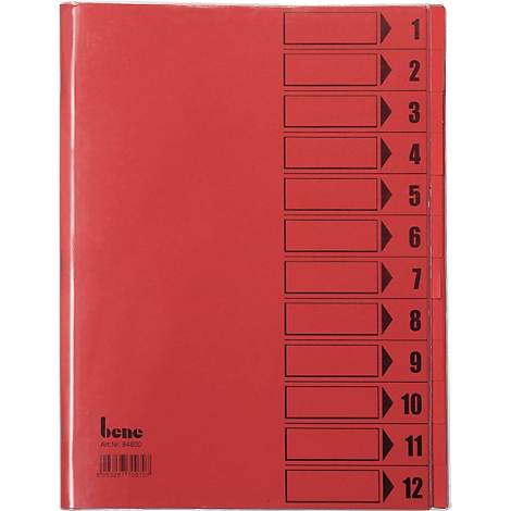 Classeur rouge avec 12 onglets avec des numéros noirs et des champs de texte. Logo, code-barres en bas à gauche.