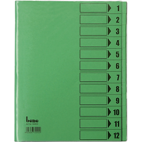 Classeur vert avec 12 onglets, étiquettes et numéros, marque bene.