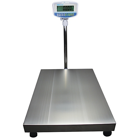 Une balance numérique avec écran affichant 0,000. La balance a une plate-forme rectangulaire et repose sur quatre pieds noirs.