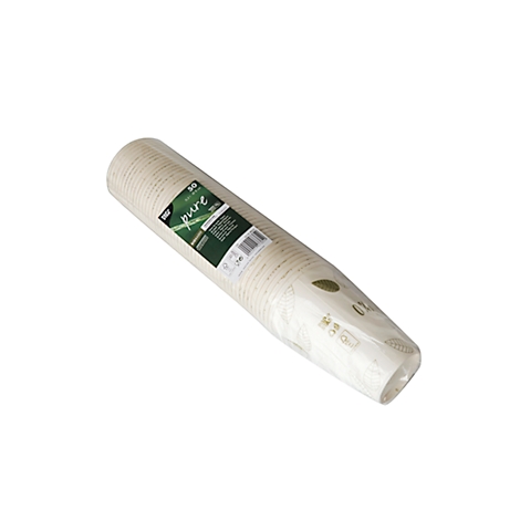 Eine Rolle aus weißen Pappbechern, eingeschweißt in Plastikfolie. Auf der Verpackung befindet sich ein grünes Etikett.