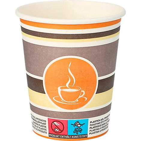 Pappbecher mit braunen, gelben und orangefarbenen Streifen. Aufdruck mit Kaffeetasse und dem Hinweis "Produkt enthält Kunststoff".