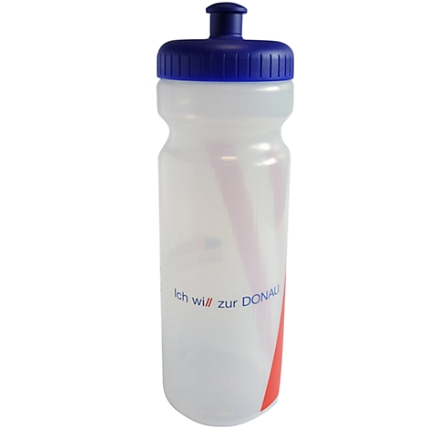 Eine transparente Trinkflasche mit blauem Deckel und Aufschrift "Ich will zur DONAU". Ein roter Streifen verläuft an der Seite.