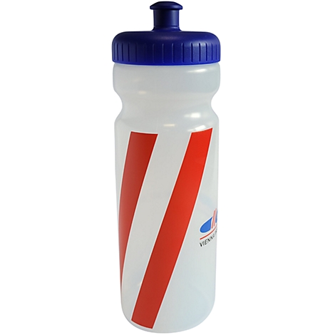Eine durchsichtige Wasserflasche mit blauem Deckel und rotem Streifenmuster.