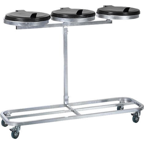 Triple trash receptacle on wheels, with black lids and silver frame.