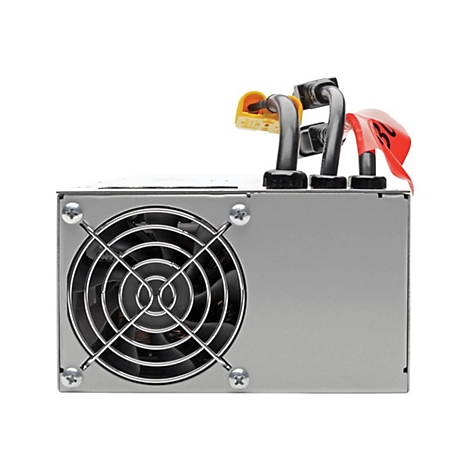 Grauer Computerstromanschluss. Oben Kabel und rotes Siegel.