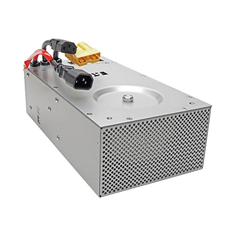 Silberne, rechteckige Stromversorgung mit Anschlüssen, schwarzen Kabeln und dem Logo E.T.