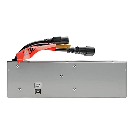 Grauer Kasten mit Kabeln und der Aufschrift 230 auf einem orangen Zettel, darunter ein USB-Port-Symbol.