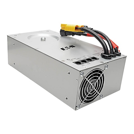 Ein silberner Eaton USV-Stromversorger mit schwarzen und roten Kabeln, gelbem Stecker und Lüfter.