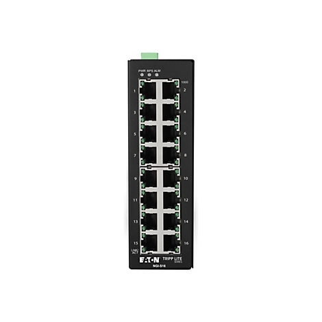 Schwarzer Netzwerk-Switch mit 16 Ports, beschriftet mit Zahlen. Oben links: PWR, RPS, ALM. Unten: Eaton, Tripp Lite, NGI-S16.