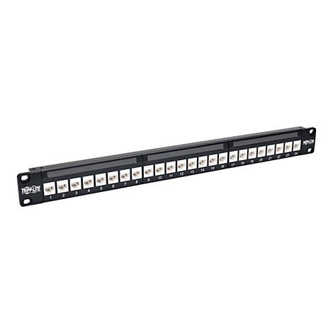 Schwarzes Tripp Lite Patchpanel mit 24 nummerierten Anschlüssen. Logos und Zahlen gut erkennbar.