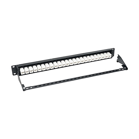 Schwarzes Patchpanel mit weißen RJ45-Buchsen. Metallrahmen mit Löchern und Halterung.