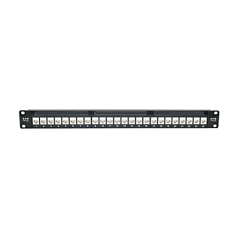 Schwarzes Patchpanel mit 24 nummerierten Anschlüssen. Logos des Herstellers sind an den Seiten zu sehen.