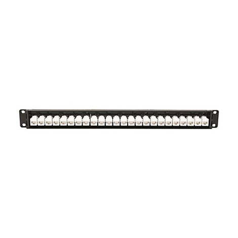 Schwarzes Patchpanel mit vielen weißen RJ45-Buchsen.