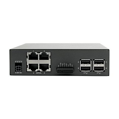 Schwarzes Netzwerkgerät mit Anschlüssen für Strom, Ethernet und USB. Beschriftungen: 9-30V DC, 1-4, SERIAL, A-D, OUT2-IN1.