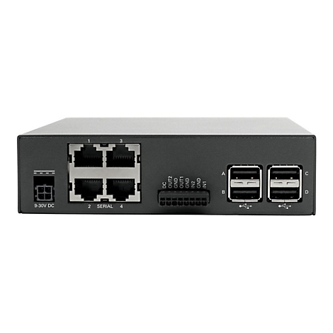 Schwarzes Gerät mit Anschlüssen. Oben: 4 Ethernet-Ports. Unten: Strom, seriell, USB-Anschlüsse. Beschriftung: 9-30V DC, Serial.