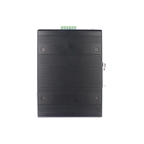 Schwarzes rechteckiges elektronisches Gerät. Oberfläche mit geriffelter Textur, Schrauben fixiert. Oben grüne Anschlussklemmen.