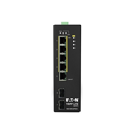 Schwarzer Netzwerk-Switch mit Ports und LEDs. Oben steht "PWR", "SFP", "PoE", "1000". Unten steht "LNK/ACT". Logo: Eaton Tripp Lite.