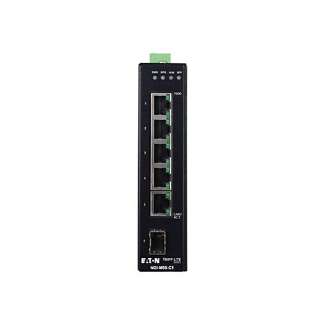 Schwarzer Netzwerk-Switch mit Anschlüssen und LED-Anzeigen. Oben steht Eaton Tripp Lite Series NGI-M05-C1.