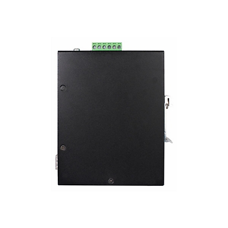 Schwarzes elektronisches Gerät, grüne Anschlussleiste oben, Schrauben an den Seiten.