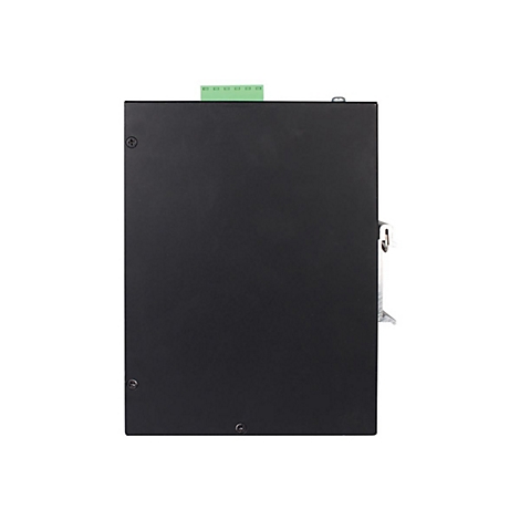 Schwarzes elektronisches Gerät mit grünen Anschlüssen und Schrauben auf weißem Hintergrund.