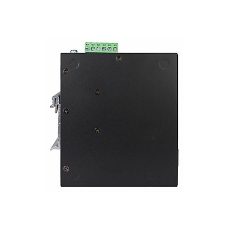 Schwarzes elektronisches Gerät mit grünen Anschlussklemmen, Schrauben und Metallhalterung, vor weißem Hintergrund.