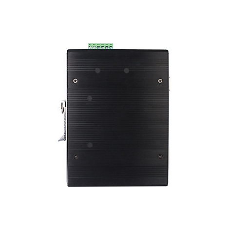 Schwarzes rechteckiges elektronisches Gerät mit Anschlussleiste und Schrauben. Auf weißem Hintergrund.