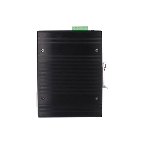 Schwarzes, rechteckiges elektronisches Gerät mit horizontalen Linien und Schrauben an den Ecken. Oben grüne Anschlüsse.