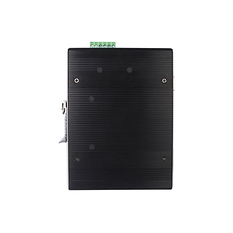 Schwarzes elektronisches Gerät, mit Schrauben, Anschlüssen und einer Halterung. Hintergrund weiß.