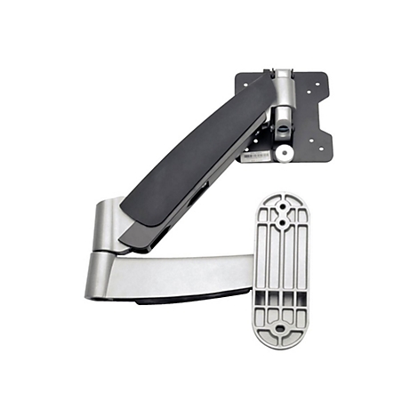Wandhalterung für Monitor, schwarz-silber. Metall mit beweglichen Gelenken. Flache Grundplatte, längliche Halterung unten.