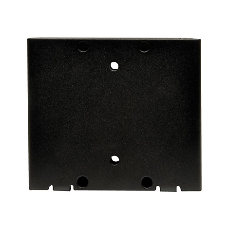 Schwarze, rechteckige Halterung mit abgerundeten Ecken und Löchern. Oben je zwei kreisrunde Aussparungen und ein Loch in der Mitte, unten ebenfalls.