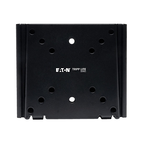 Schwarze Metallplatte mit Löchern und den Logos von Eaton und Tripp Lite. Detailaufnahme.