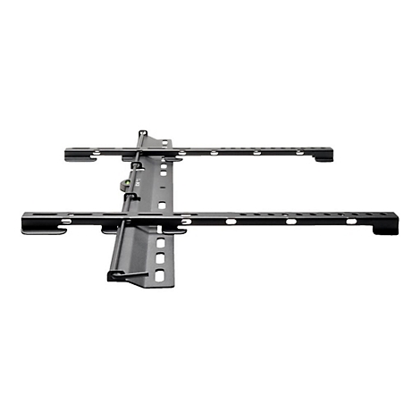 Schwarze TV-Wandhalterung, Metall, mit Löchern und Wasserwaage.