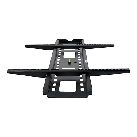 Schwarze TV-Wandhalterung. Mit horizontalen Auslegern, die Löcher und eine Wasserwaage haben.