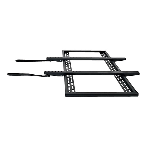 Schwarze TV-Wandhalterung, mit zwei Bändern zur Befestigung. Der Hintergrund ist weiß.