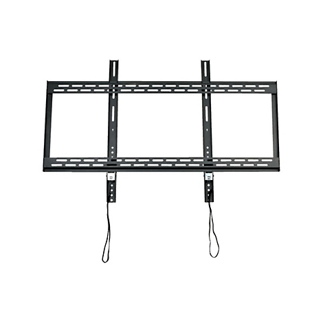 Schwarze TV-Wandhalterung, rechteckige Form mit Lochreihen.
