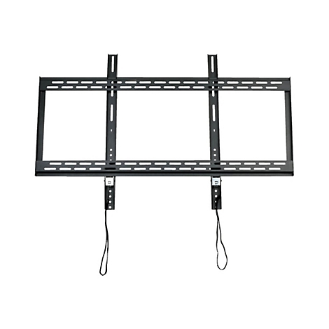 Eine schwarze TV-Halterung, bestehend aus horizontalen und vertikalen Stangen, mit Löchern und Seilen.