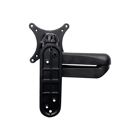 Schwarze TV-Halterung mit drehbarem Arm. Anbringungsvorrichtung mit vier Löchern, mehrere Gelenke, sowie längliche Stütze.