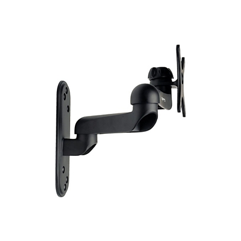 Schwarze TV-Wandhalterung, drehbar, an weißem Hintergrund. Aufnahme mit Fokus auf Mechanik und Halterung.