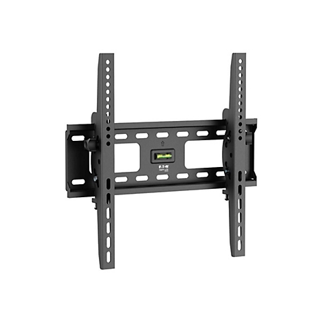 Schwarze TV-Wandhalterung, mit Wasserwaage und Herstellerlogo.