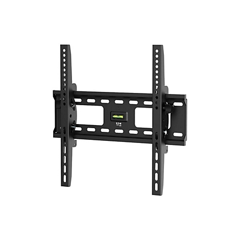 Schwarze TV-Wandhalterung, mit Wasserwaage und Befestigungslöchern.