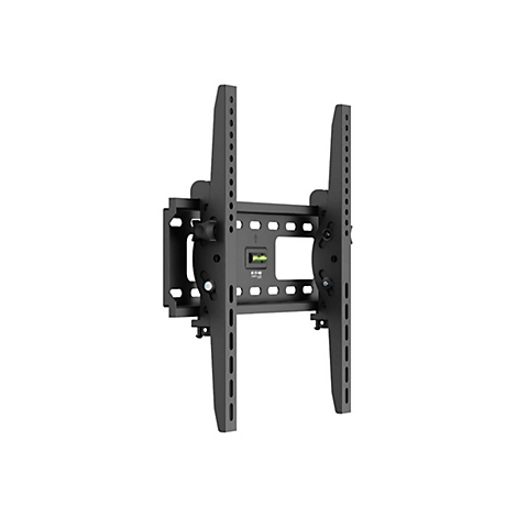 Schwarze TV-Wandhalterung, Frontansicht, vor weißem Hintergrund. Mit Lochmustern, Schrauben und Wasserwaage.