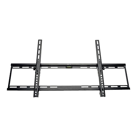 Schwarze TV-Wandhalterung, bestehend aus horizontalen und vertikalen Stangen mit Löchern und Schlitzen.