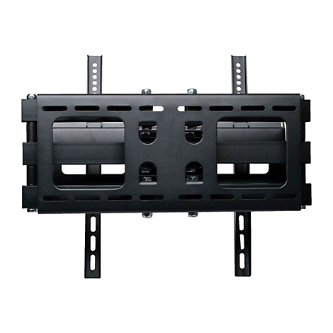 Schwarze TV-Wandhalterung, rechteckig mit Lüftungslöchern. Zwei vertikale Stützen und ein Gelenk.